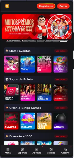 Na página principal do aplicativo MC Games, os usuários do Brasil podem ver as promoções atuais, bem como uma lista das categorias mais populares do cassino