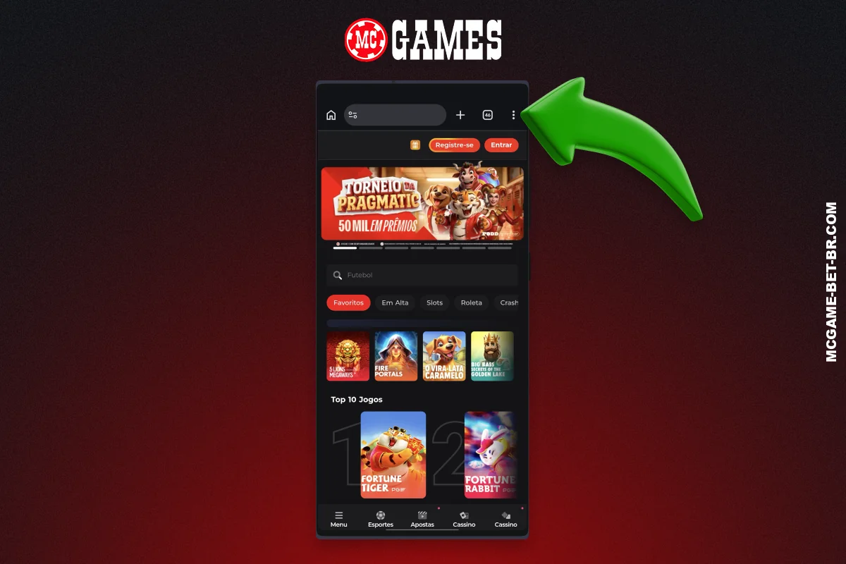 Ao acessar o site oficial da MC Games, é necessário clicar nos três pontos no navegador para abrir o menu principal