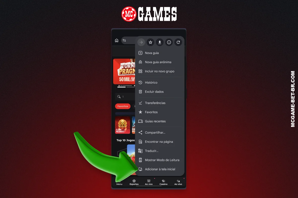 Para instalar o aplicativo MC Games no Android, crie um atalho na área de trabalho através do menu do navegador