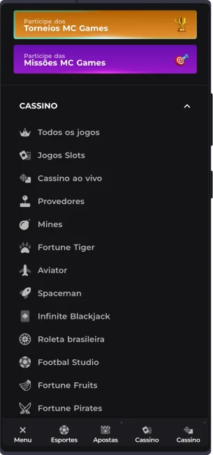 Os brasileiros podem usar o menu principal do aplicativo MC Games para acessar rapidamente as principais seções