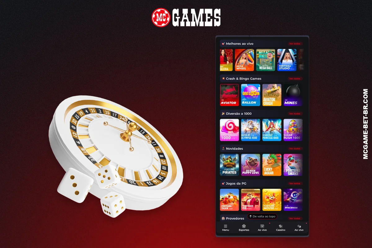 A seção de cassino online no aplicativo MC Games oferece aos usuários do Brasil acesso a centenas de jogos emocionantes e outros entretenimentos de azar